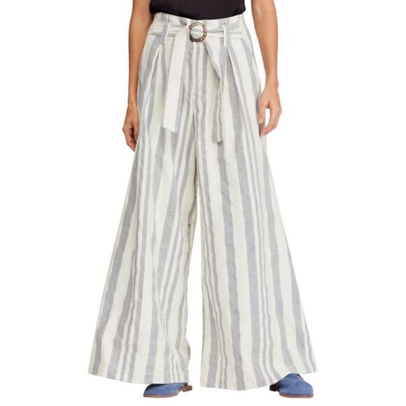 Free People Hi Tyed Wide‎ Leg Pants White/Ivory Textured Stripe 6 Revolve Brand - Picture 1 of 11